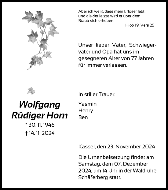 Traueranzeige von Wolfgang Rüdiger Horn von HNA