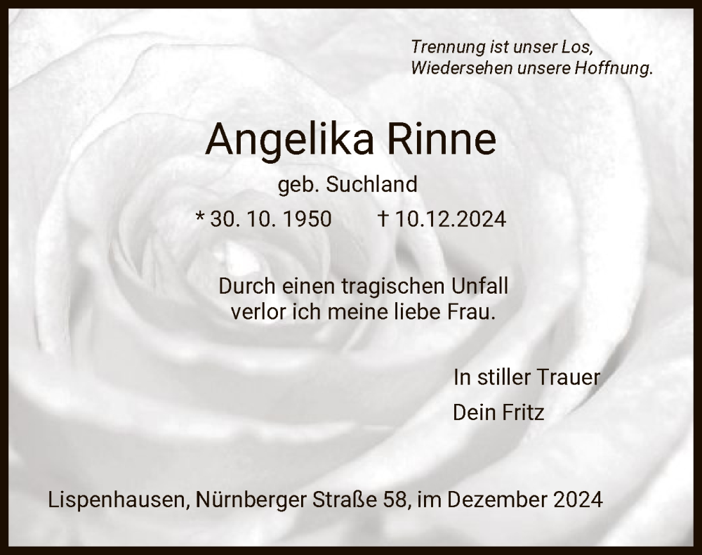  Traueranzeige für Angelika Rinne vom 19.12.2024 aus HNA