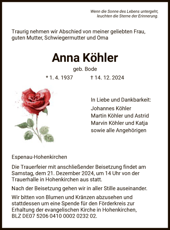 Traueranzeige von Anna Köhler von HNA