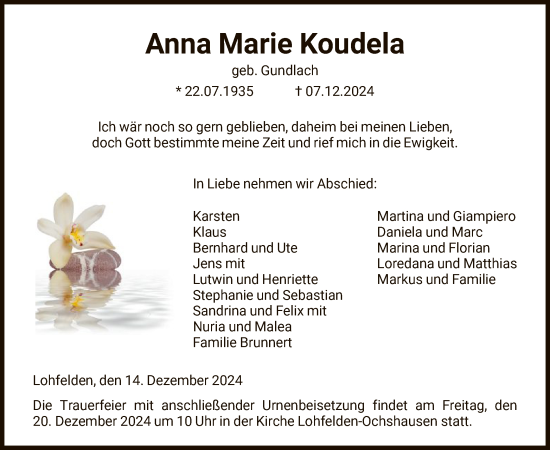 Traueranzeige von Anna Koudela von HNA