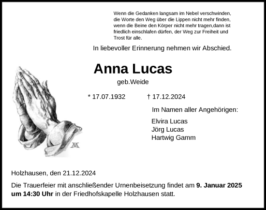 Traueranzeige von Anna Lucas von HNA