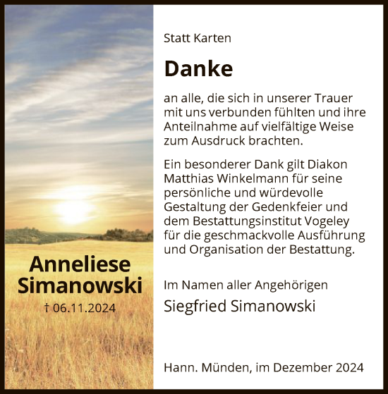 Traueranzeige von Anneliese Simanowski von HNA