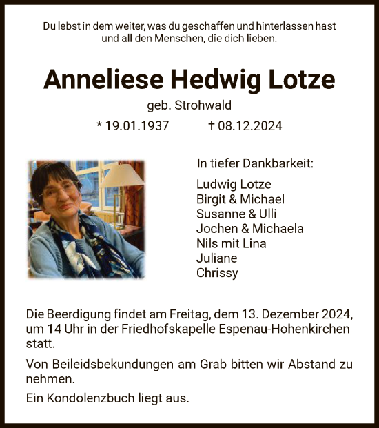 Traueranzeige von Anneliese Hedwig Lotze von HNA