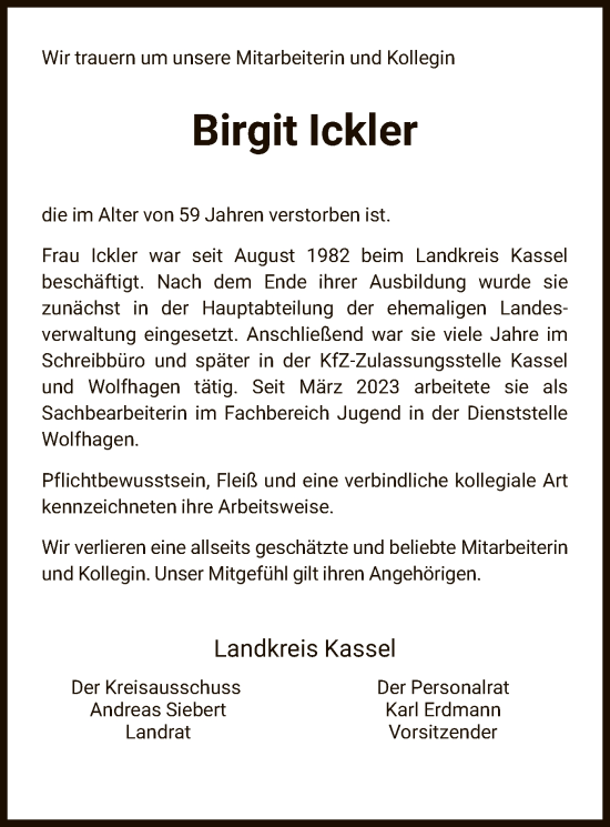 Traueranzeige von Birgit Ickler von HNAHNA