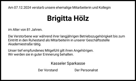 Traueranzeige von Brigitta Hölz von HNAHNA