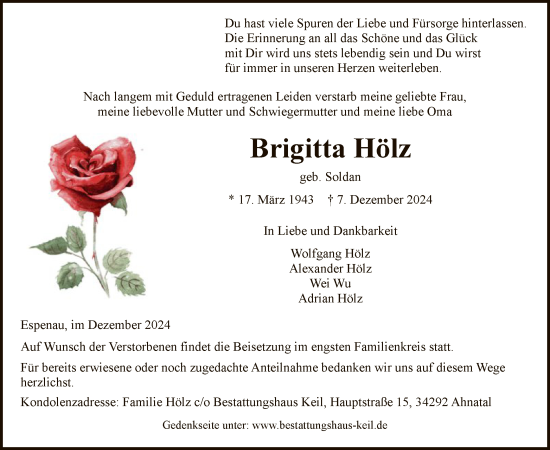 Traueranzeige von Brigitta Hölz von HNA