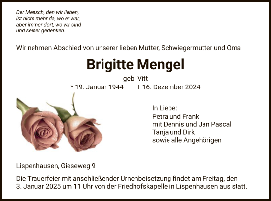 Traueranzeige von Brigitte Menge von HNA