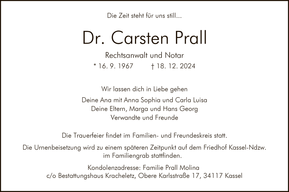  Traueranzeige für Carsten Prall vom 28.12.2024 aus HNA