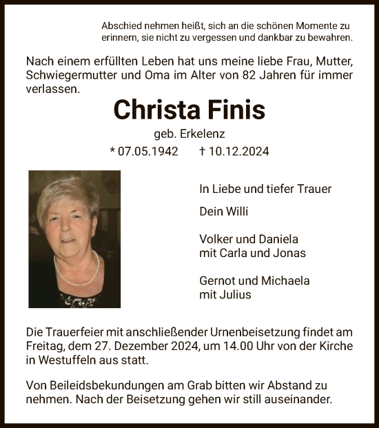 Traueranzeige von Christa Finis von HNAHNA