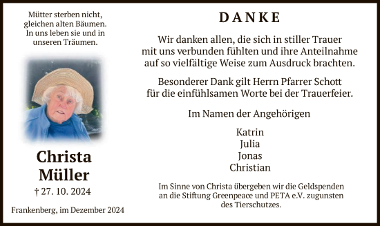 Traueranzeige von Christa Müller von HNA