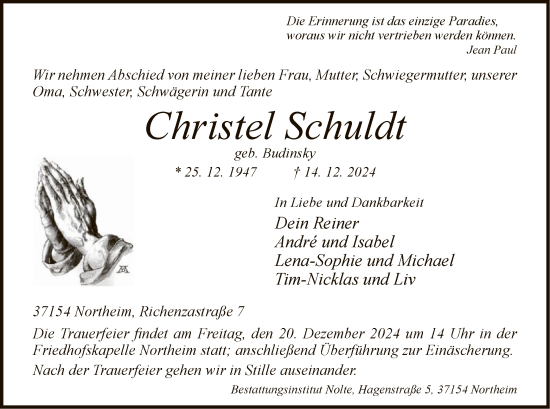 Traueranzeige von Christel Schuldt von HNA