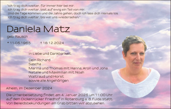 Traueranzeige von Daniela Matz von HNA