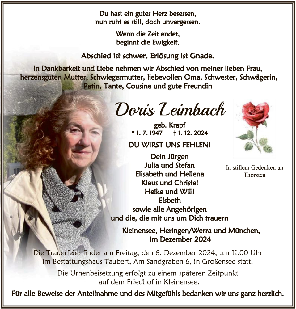  Traueranzeige für Doris Leimbach vom 04.12.2024 aus HNAHZ