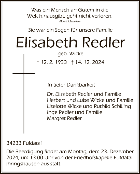 Traueranzeige von Elisabeth Redler von HNA