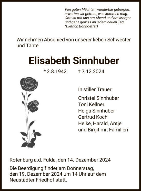 Traueranzeige von Elisabeth Sinnhuber von HNA