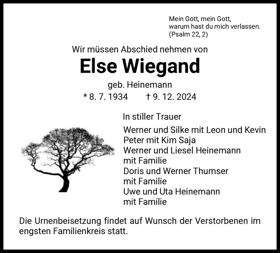 Traueranzeige von Else Wiegand von HNA