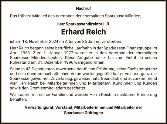 Traueranzeige von Erhard Reich von HNA