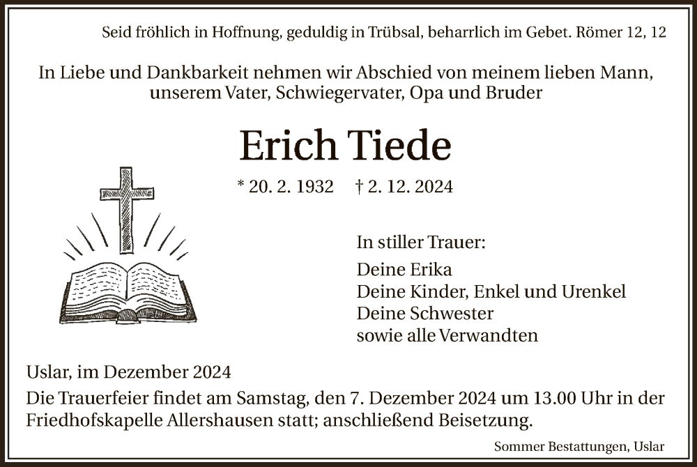  Traueranzeige für Erich Tiede vom 05.12.2024 aus HNA