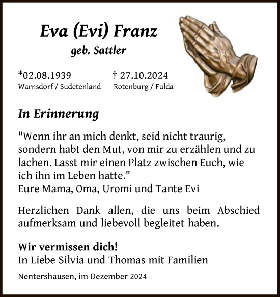 Traueranzeige von Eva Franz von HNA