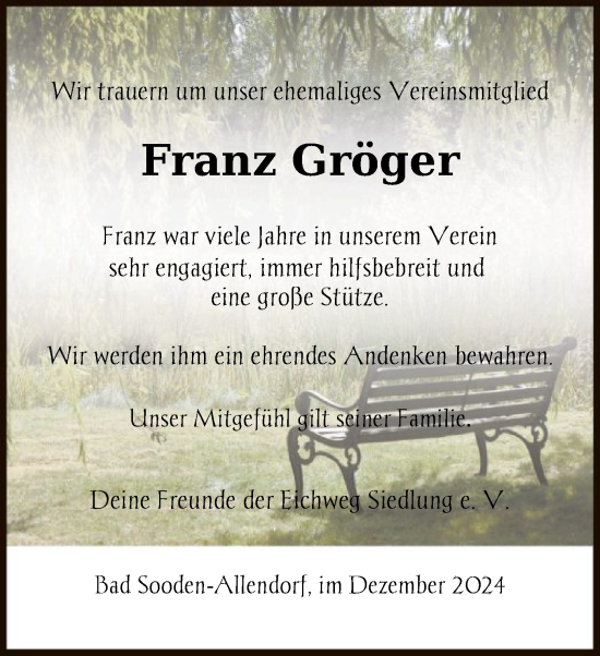 Traueranzeige von Franz Gröger von HNA