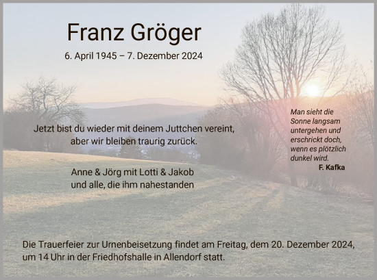 Traueranzeige von Franz Gröger von HNA