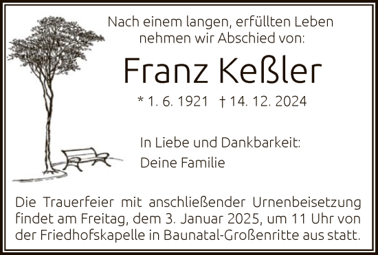 Traueranzeige von Franz Keßler von HNA