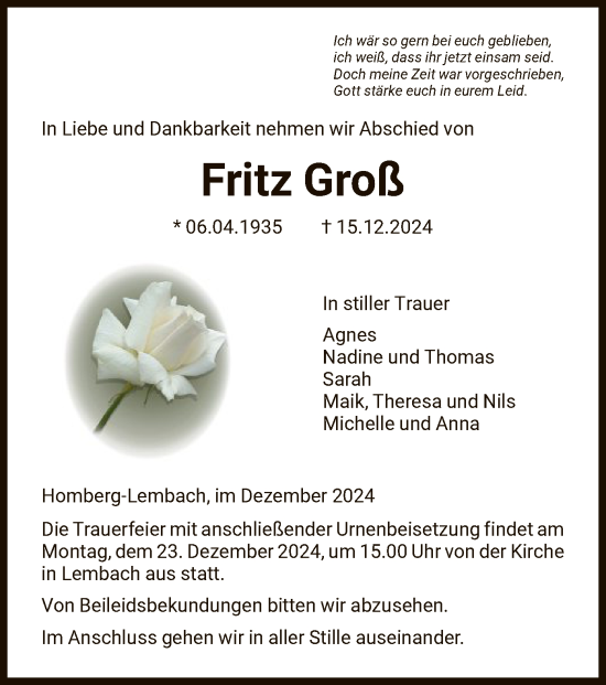 Traueranzeige von Fritz Groß von HNA