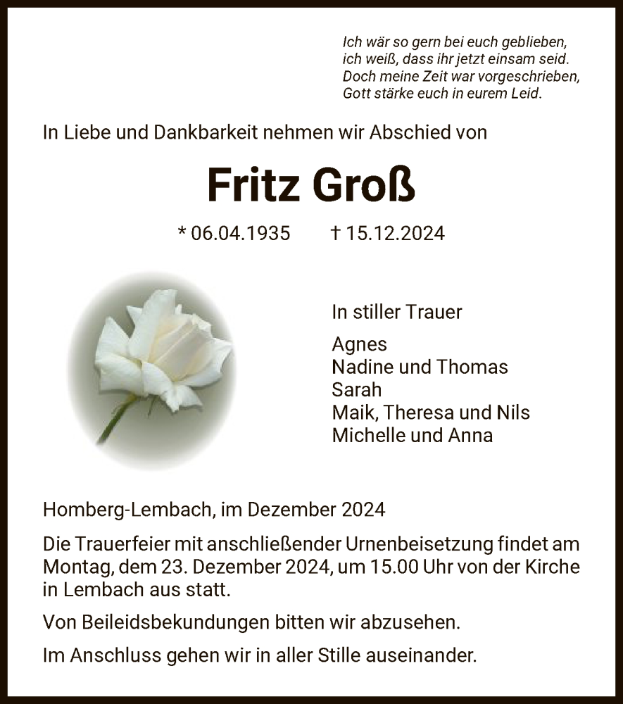  Traueranzeige für Fritz Groß vom 18.12.2024 aus HNA