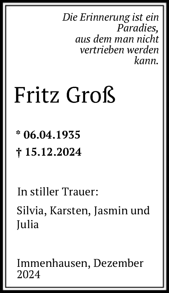 Traueranzeige von Fritz Groß von HNA