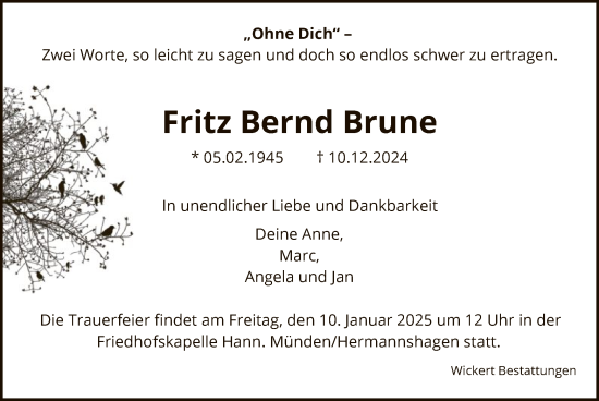 Traueranzeige von Fritz Bernd Brune von HNA