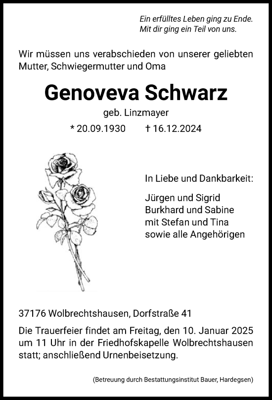 Traueranzeige von Genoveva Schwarz von HNA