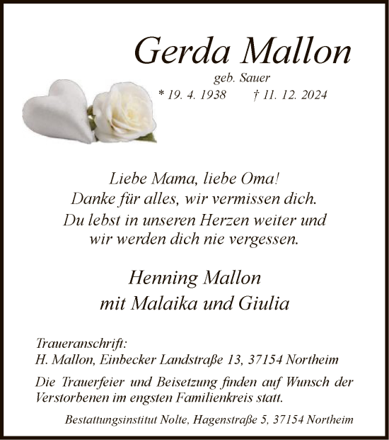 Traueranzeige von Gerda Mallon von HNA