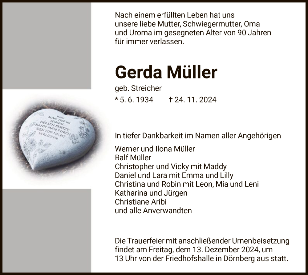  Traueranzeige für Gerda Müller vom 07.12.2024 aus HNA