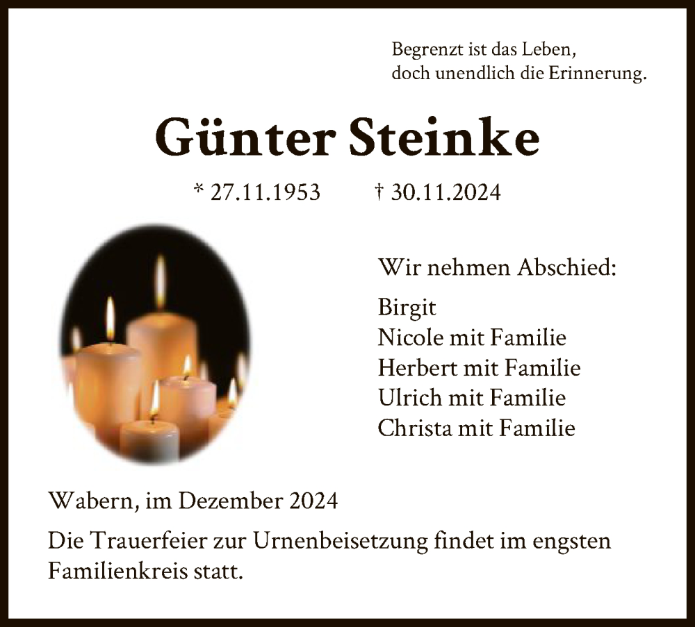  Traueranzeige für Günter Steinke vom 14.12.2024 aus HNA