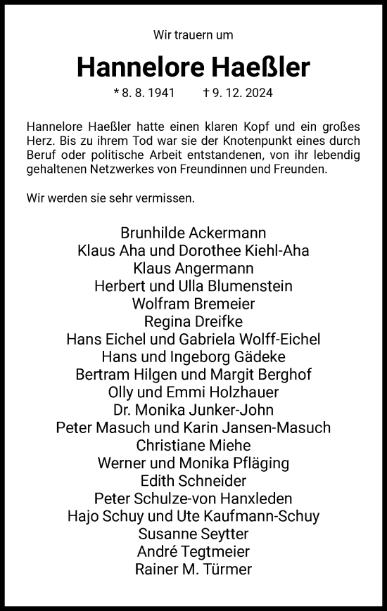 Traueranzeige von Hannelore Haeßler von HNA