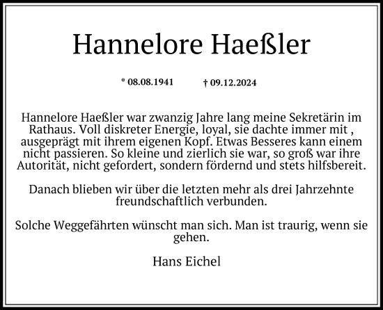 Traueranzeige von Hannelore Haeßler von HNA