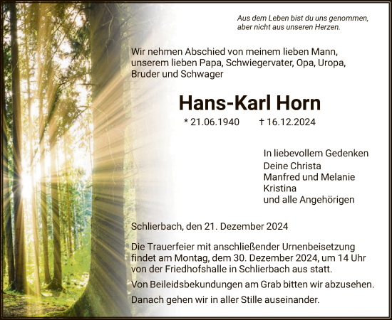 Traueranzeige von Hans-Karl Horn von HNAHNA