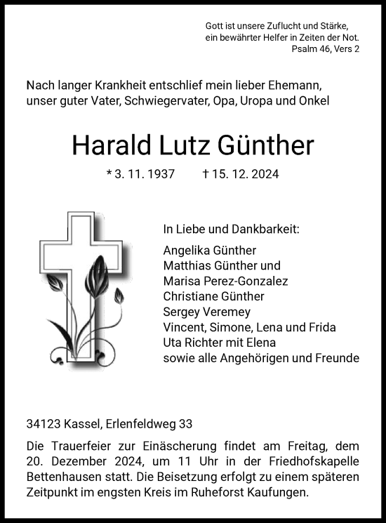 Traueranzeige von Harald Lutz Günther von HNA