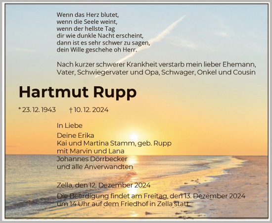 Traueranzeige von Hartmut Rupp von HNA