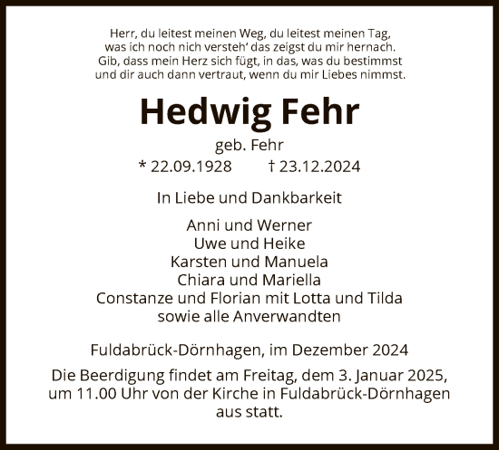 Traueranzeige von Hedwig Fehr von HNA