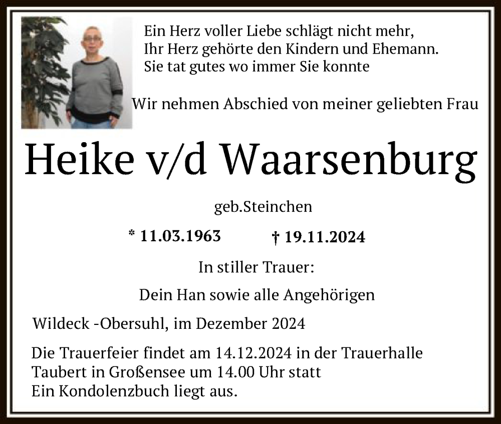  Traueranzeige für Heike Waarsenburg vom 07.12.2024 aus HNA