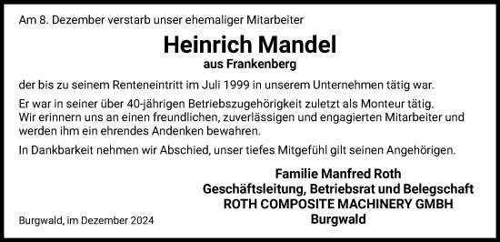 Traueranzeige von Heinrich Mandel von HNA