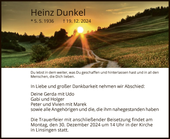 Traueranzeige von Heinz Dunkel von HNA