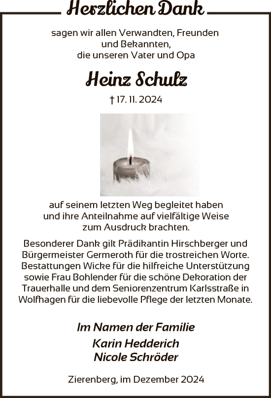 Traueranzeige von Heinz Schulz von HNA