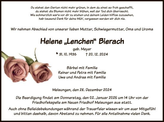 Traueranzeige von Helene Bierach von HNA