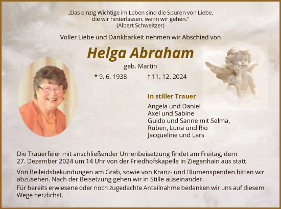 Traueranzeige von Helga Abraham von HNA