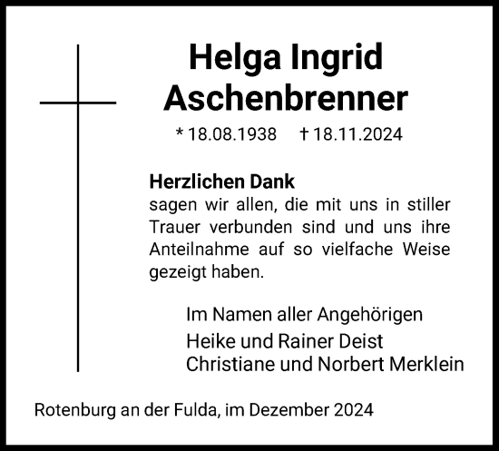 Traueranzeige von Helga Aschenbrenner von HNA
