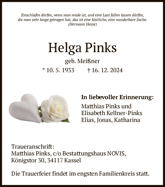 Traueranzeige von Helga Pinks von HNA