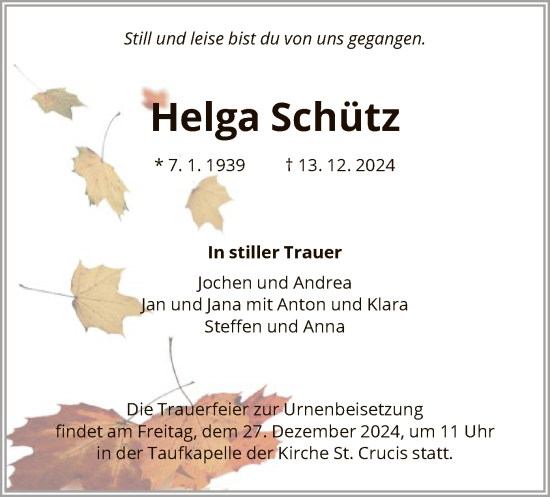 Traueranzeige von Helga Schütz von HNA