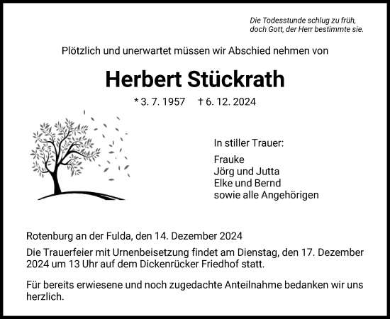 Traueranzeige von Herbert Stückrath von HNAHNA